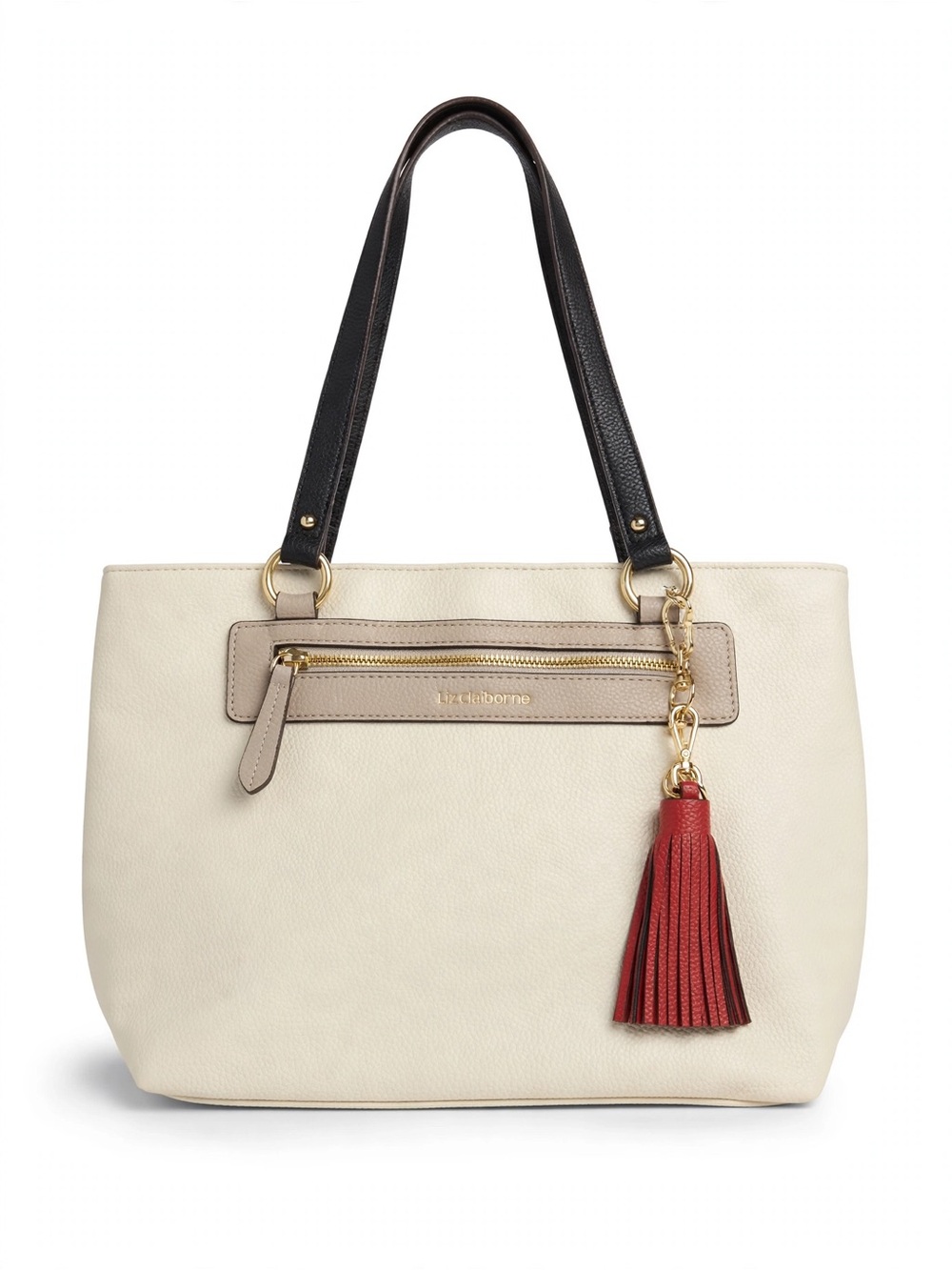Liz Claiborne Cream Tote with navy Handles and Red Tassel